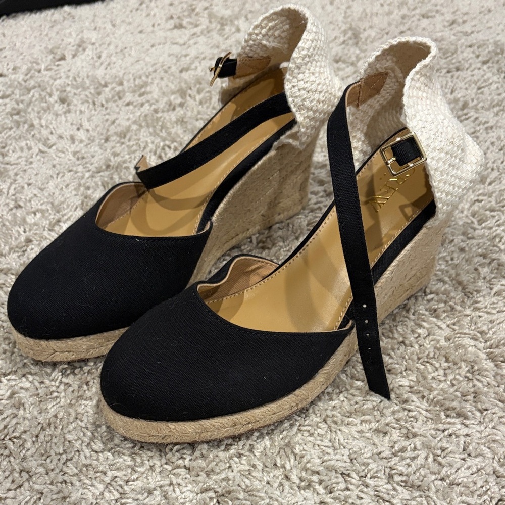 J Crew Wedge Espadrille Ankle-Strap Heels - Black & Natural